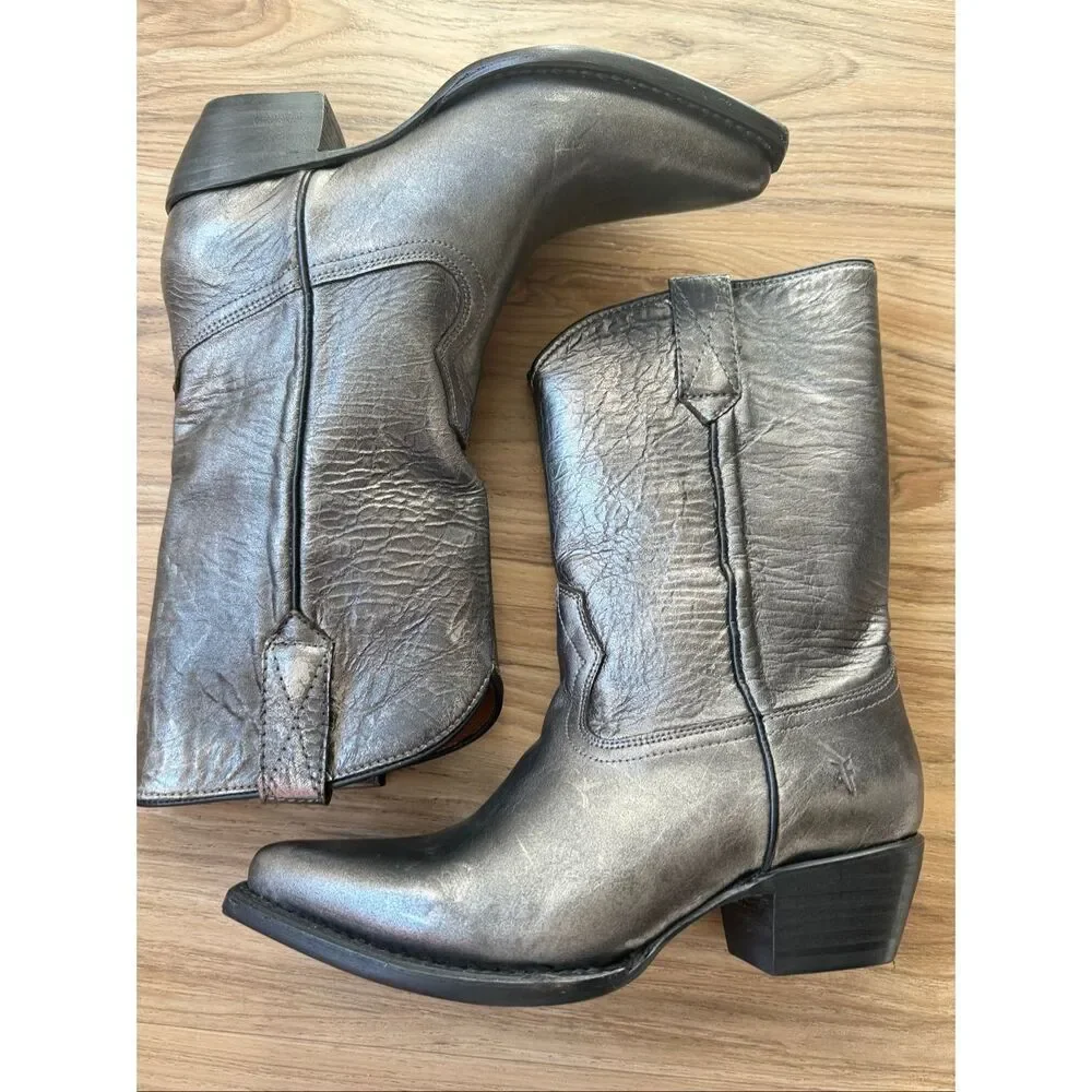 FRYE Dark Pewter Crinkle Western Sacha Mid Pull On Boots Size 6